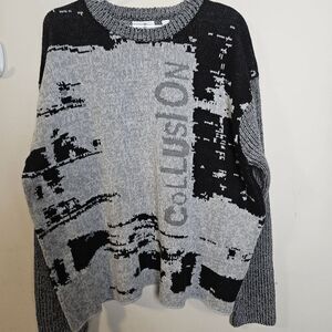 Collusion Jacquard Oversized Sweater Crew Unisex Black/Gray Size Large